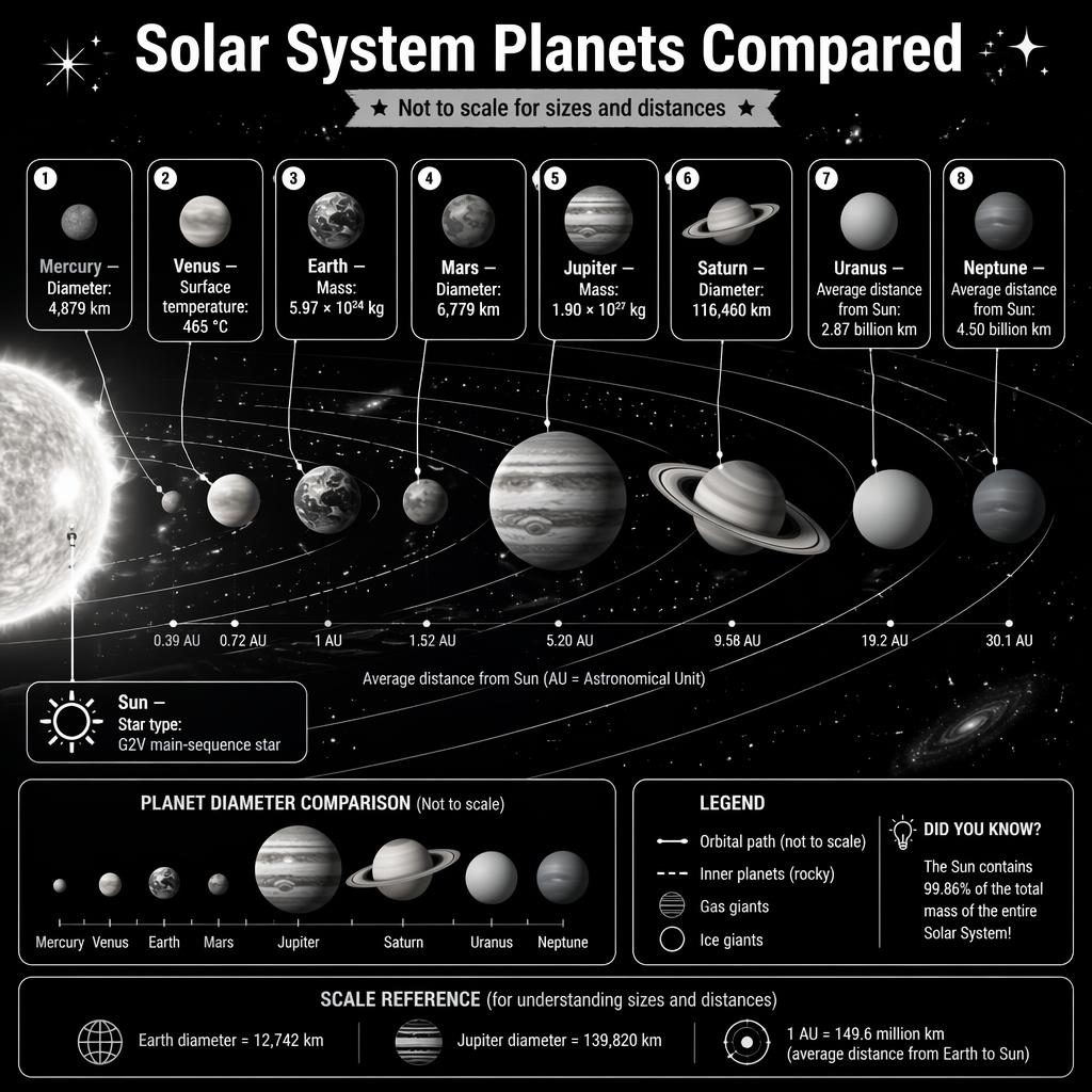 Black-and-white kids astronomy infographic showing the Sun and 8 planets left to right with labels, facts, rings, orbit cues, and not-to-scale note.