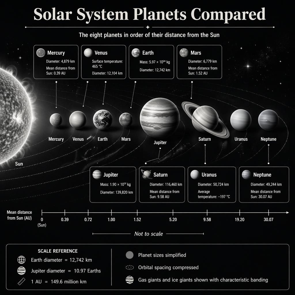 Black-and-white solar system infographic with Sun and 8 planets in order, AU markers, callouts, legend, and Not to scale label.