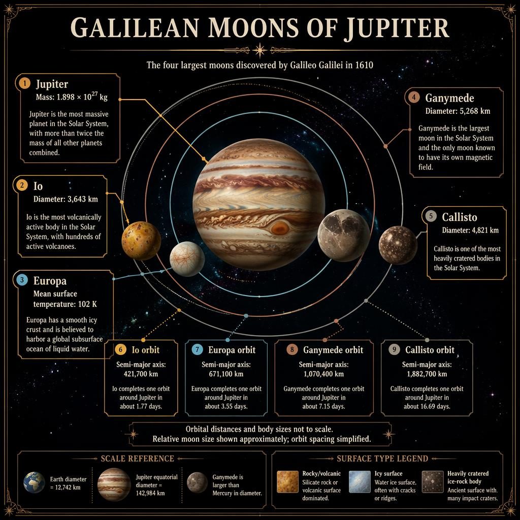 Vintage-style Jupiter infographic showing Io, Europa, Ganymede, and Callisto with orbital tracks, callouts, legend, and scale notes.