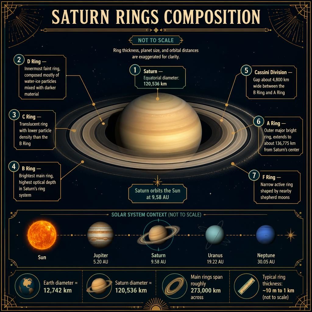 Astronomy infographic of Saturn and its rings with labeled ring groups, scale notes, planet strip, and art-deco navy design.
