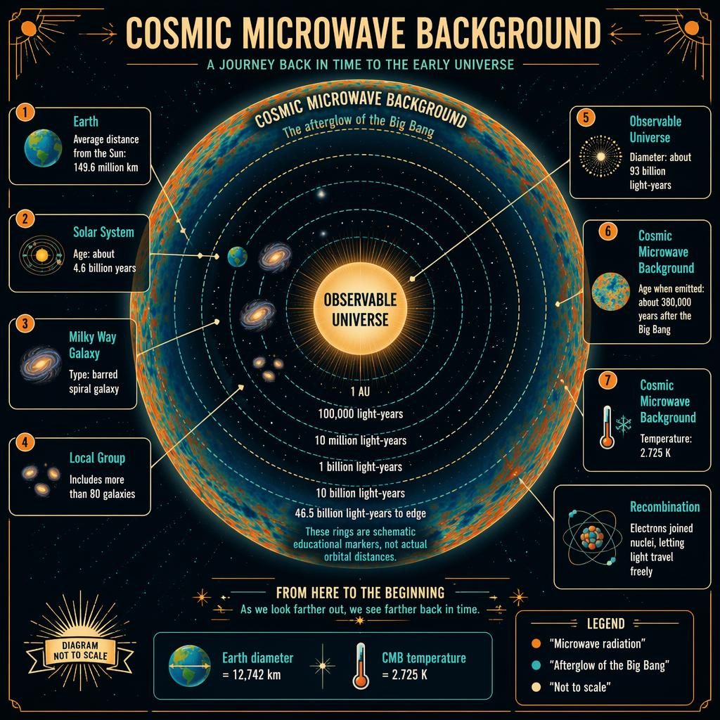 Kid-friendly astronomy infographic with orbit bands, Observable Universe center, and Cosmic Microwave Background shell.