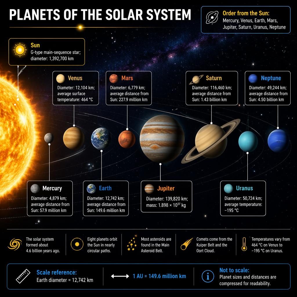 Infografika planety układu słonecznego z Układem Słonecznym, Słońcem po lewej i ośmioma planetami na ciemnym tle.