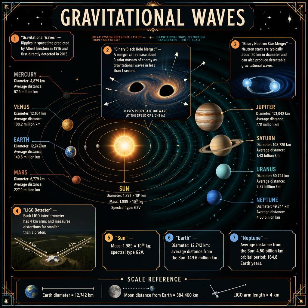 Art-deco astronomy infographic showing gravitational waves with a solar system layout, planets, merger inset, LIGO labels.