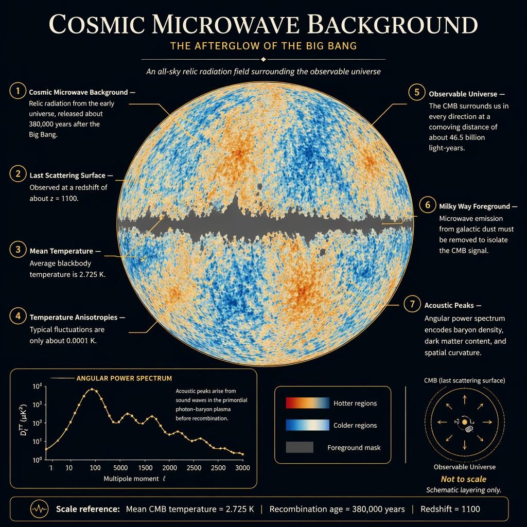 Dark-mode astronomy infographic with a central CMB sky map, 7 labeled callouts, legend, foreground note, and not-to-scale label.