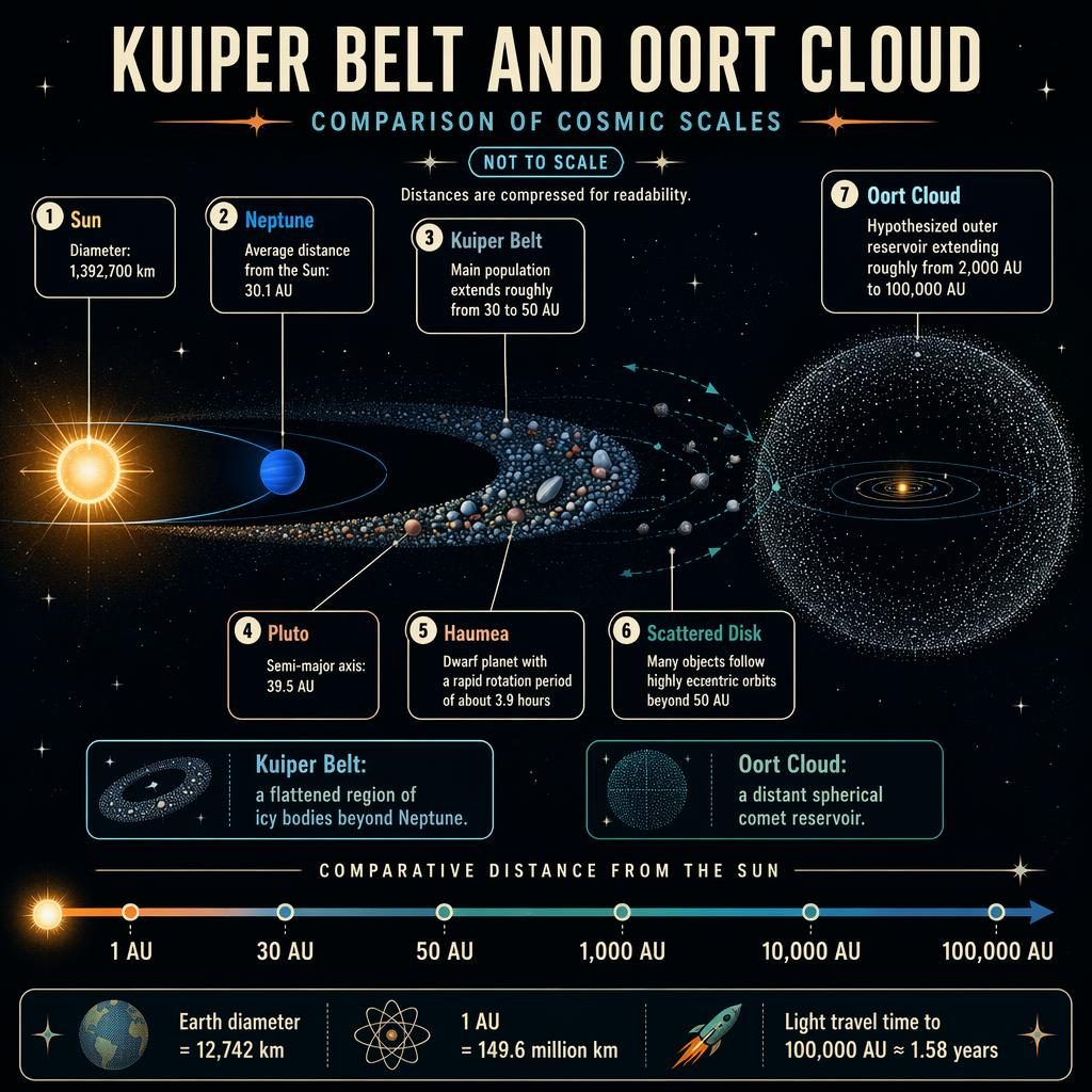 Retro-style astronomy infographic comparing the Sun, Neptune, Kuiper Belt, scattered disk, and Oort Cloud on a dark starfield.