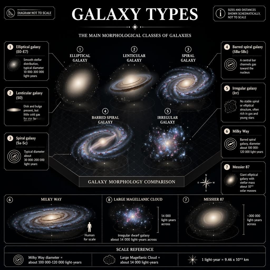 Black-and-white isometric galaxy types infographic comparing elliptical, lenticular, spiral, barred spiral, and irregular galaxies.