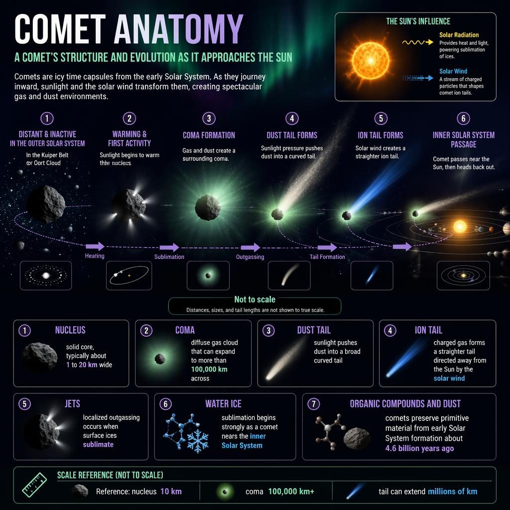 NASA-style comet anatomy infographic flowchart with nucleus, coma, dust tail, ion tail, jets, Sun inset, and labels