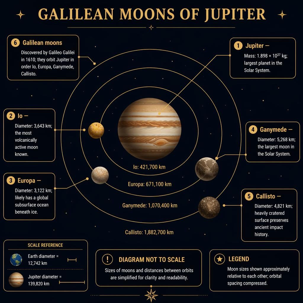 Astronomy infographic showing Jupiter centered with Io, Europa, Ganymede, and Callisto on labeled orbital paths.