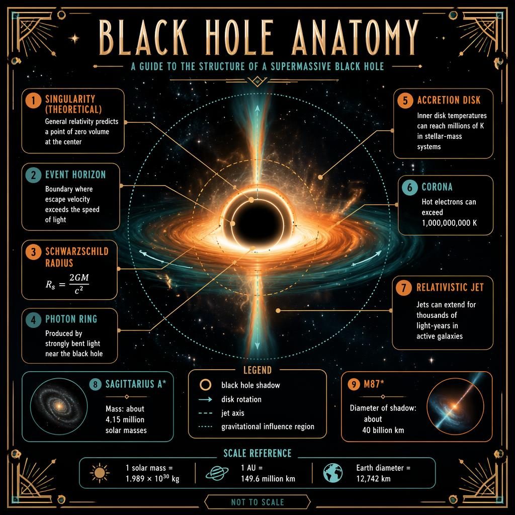 Astronomy infographic of black hole anatomy with event horizon, photon ring, accretion disk, corona, jets, labels, and scale notes.