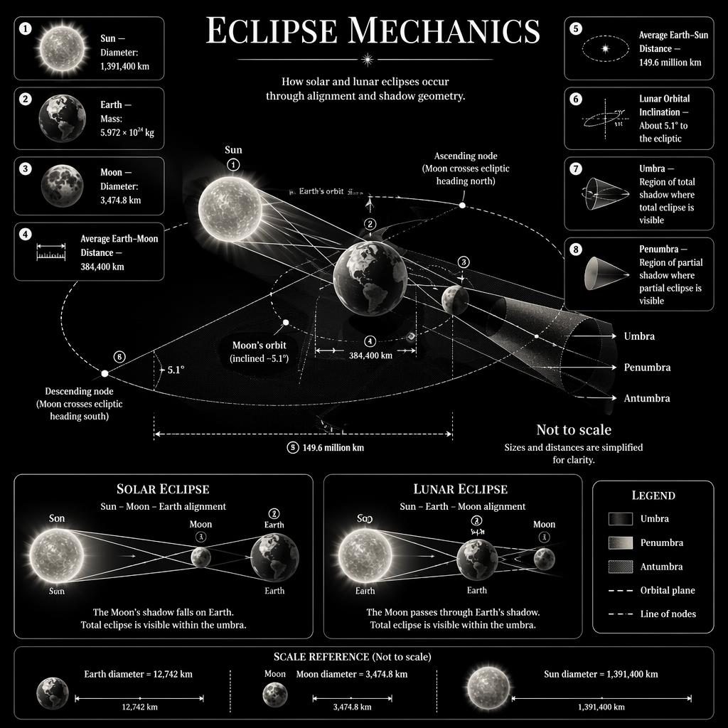 Black-and-white isometric infographic of Sun, Earth, Moon alignment with eclipse cones, nodes, tilt, insets, labels, and legend.