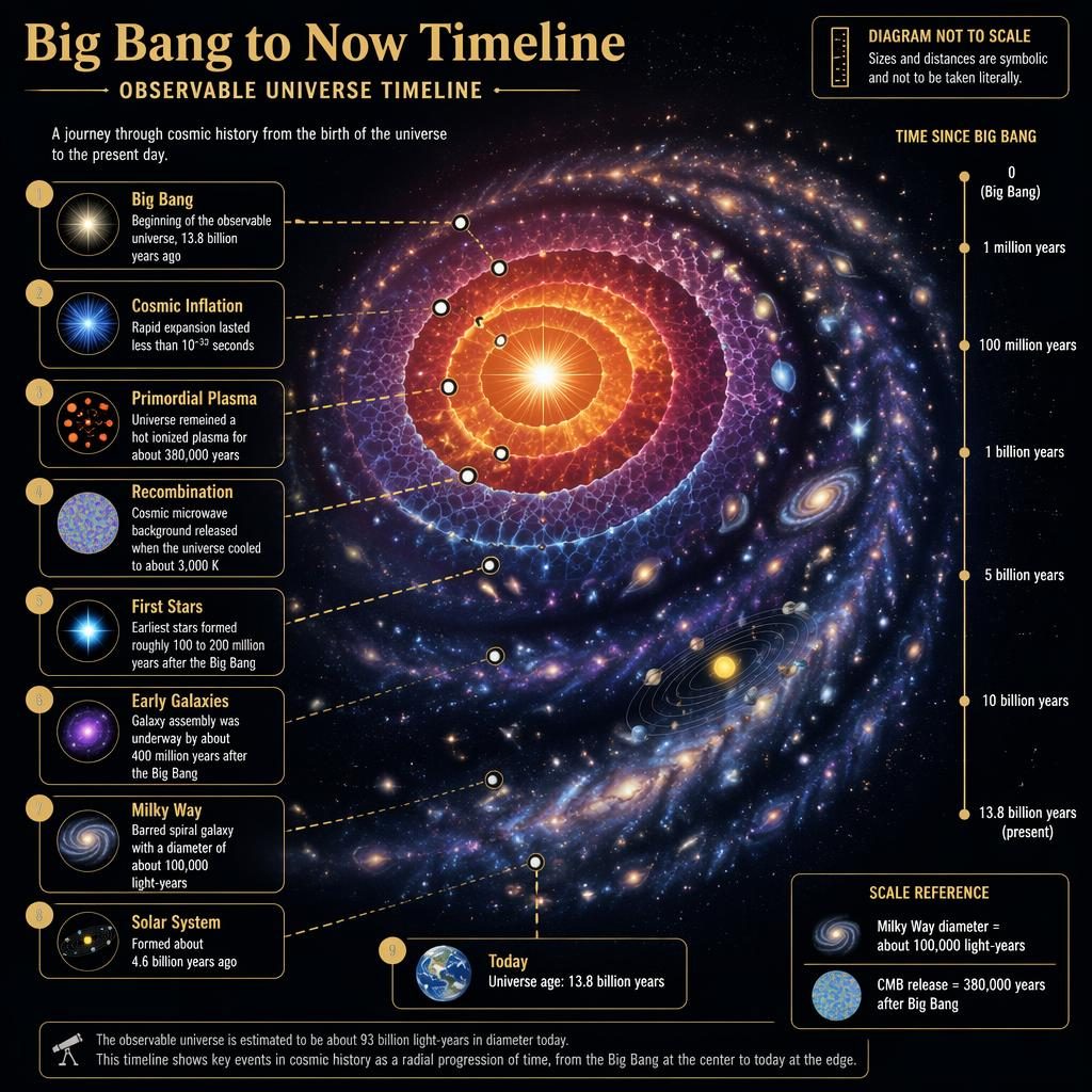 Dark astronomy infographic of a spiral galaxy timeline from Big Bang core to today, with labeled cosmic epochs and scale notes.