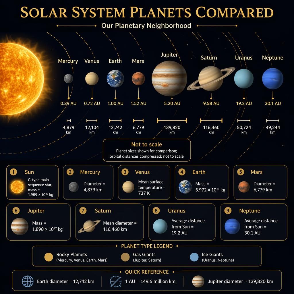 Editorial solar system infographic with Sun and 8 planets in order, labels, orbit lines, facts, legend, and not-to-scale note.