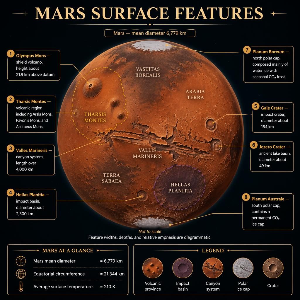 Mars anatomy infographic with labeled volcanoes, basins, canyons, polar caps, legend, scale strip, and Not to scale caption.