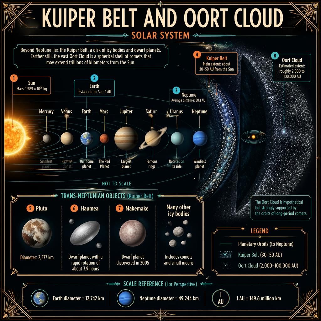 Astronomy infographic of the Solar System, Kuiper Belt, and Oort Cloud with labeled planets, dwarf planets, inset shell, and scale note.