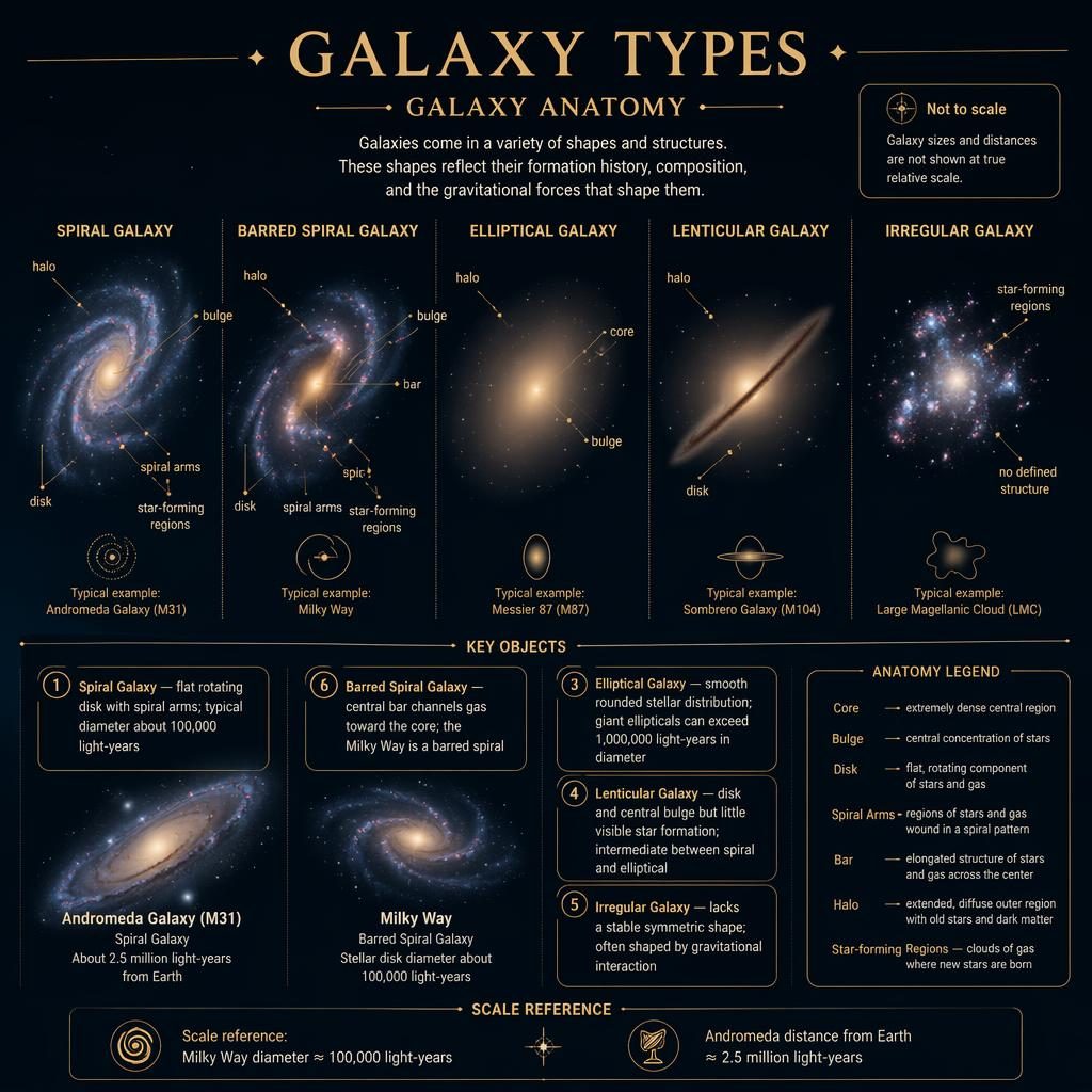 Infografía astronómica comparativa con cinco tipos de galaxias, etiquetas en inglés y fondo azul oscuro con acentos dorados.