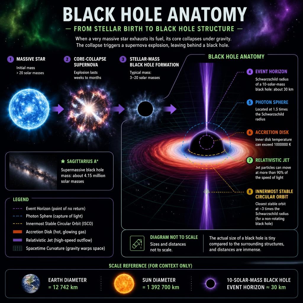 Astronomy infographic showing massive star collapse to black hole and labeled anatomy with accretion disk, jets, event horizon.