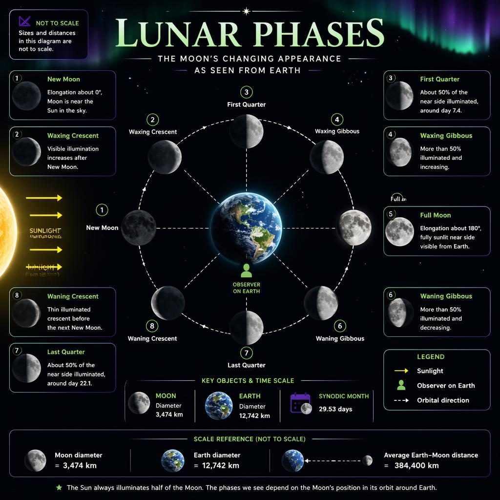 Educational lunar phases infographic with Sun-Earth-Moon geometry, 8 Moon phases, labels, legend, and scale facts.