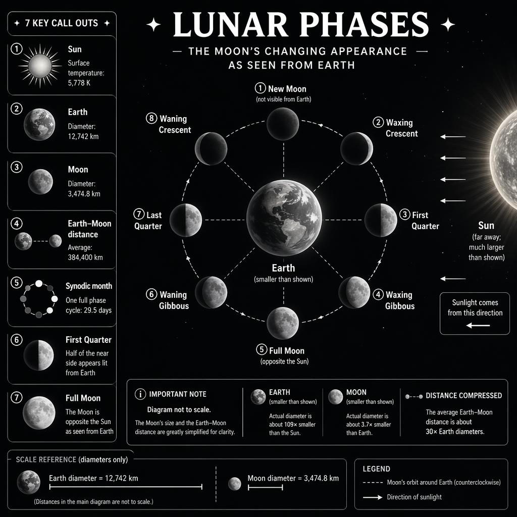 Black-and-white isometric lunar phases infographic with Sun, Earth, Moon orbit, 8 phase labels, arrows, and scale notes.