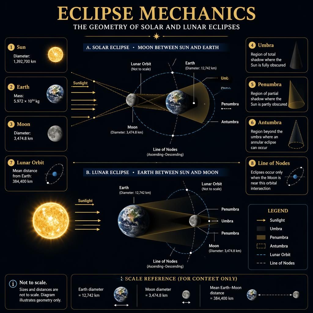 Scientific eclipse infographic showing Sun, Earth, Moon, shadow cones, orbital plane, line of nodes, and labeled solar and lunar eclipse geometry.