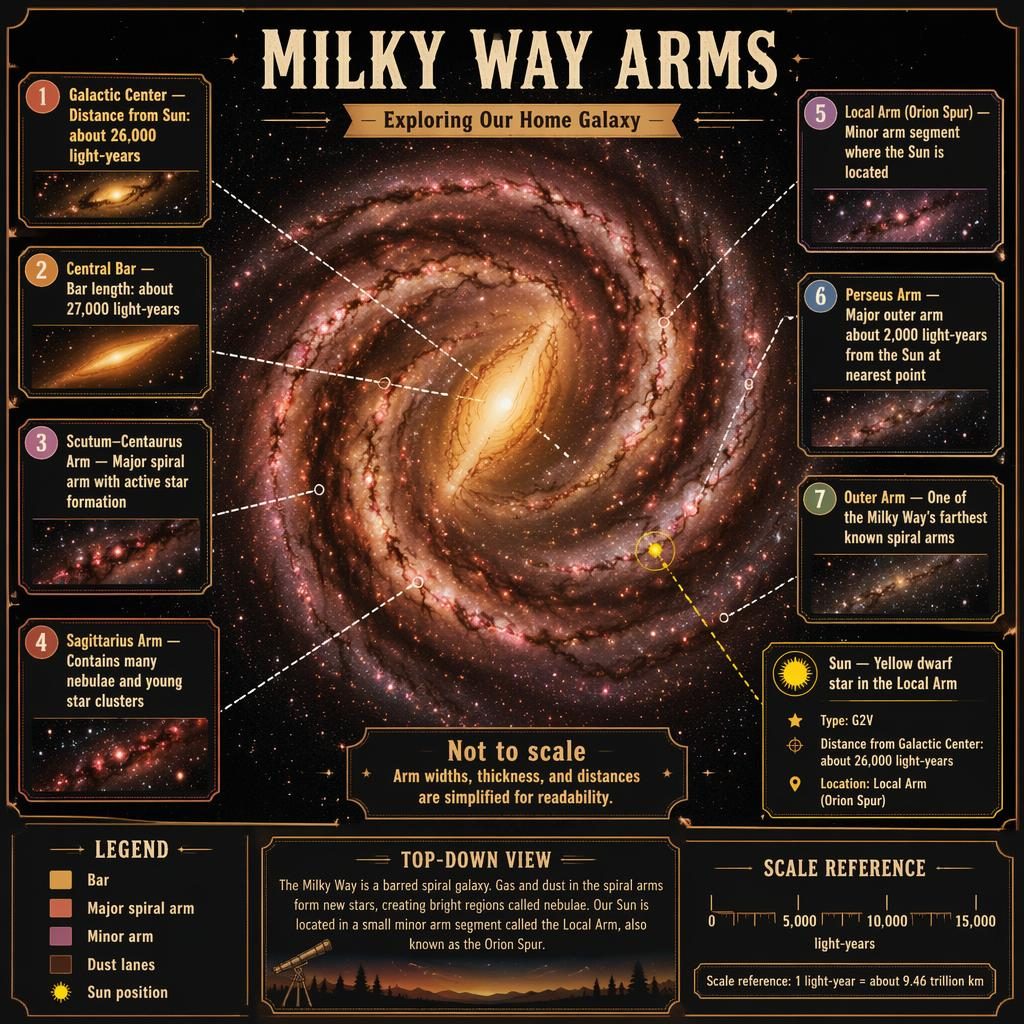 Vintage-style Milky Way arms infographic with labeled spiral arms, central bar, Sun position, legend, and scale strip.