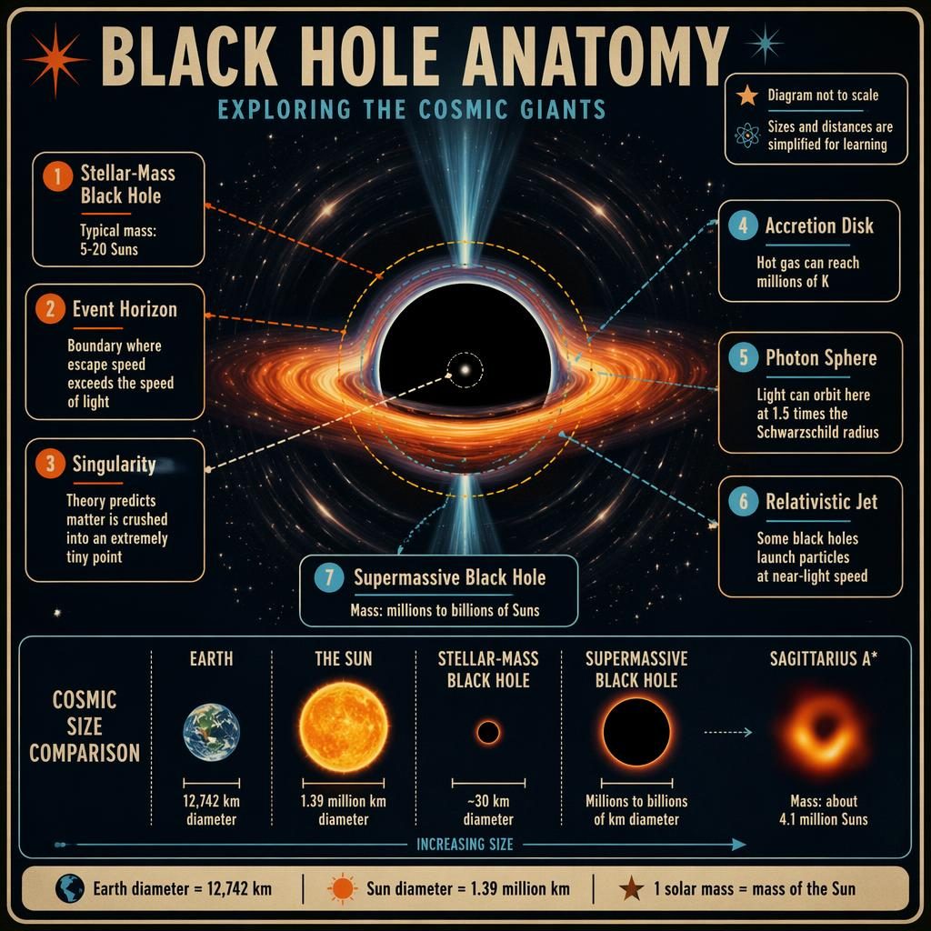 Kid-friendly black hole anatomy infographic with labeled regions, Earth-Sun size comparisons, and today's planetary position.