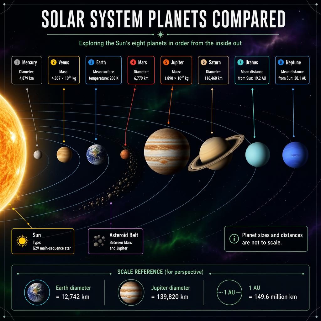 Infografía astronómica del sistema solar con Sol y 8 planetas en orden, datos en inglés, fondo oscuro y estilo NASA.