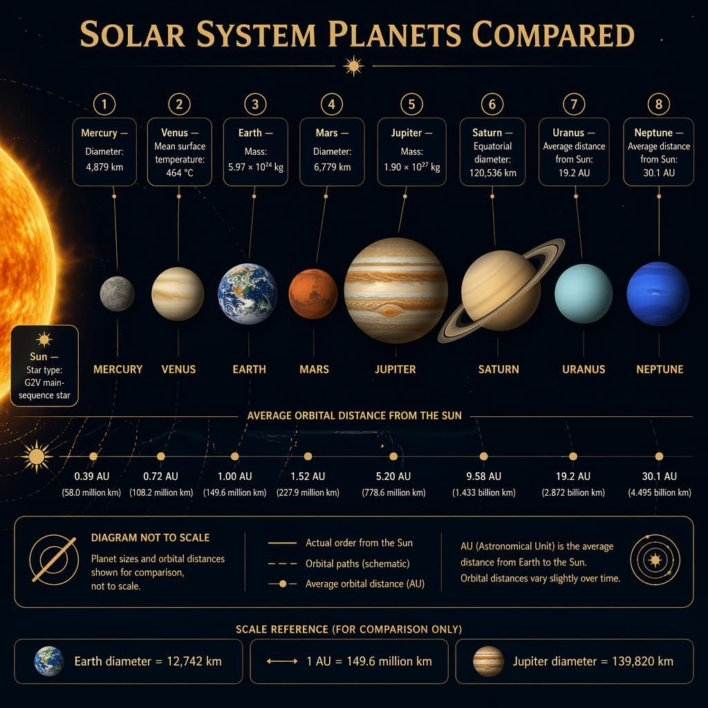Dunkle Astronomie-Infografik mit Sonne links und 8 Planeten in Reihenfolge, Größenvergleich, Distanzband und englischen Labels.