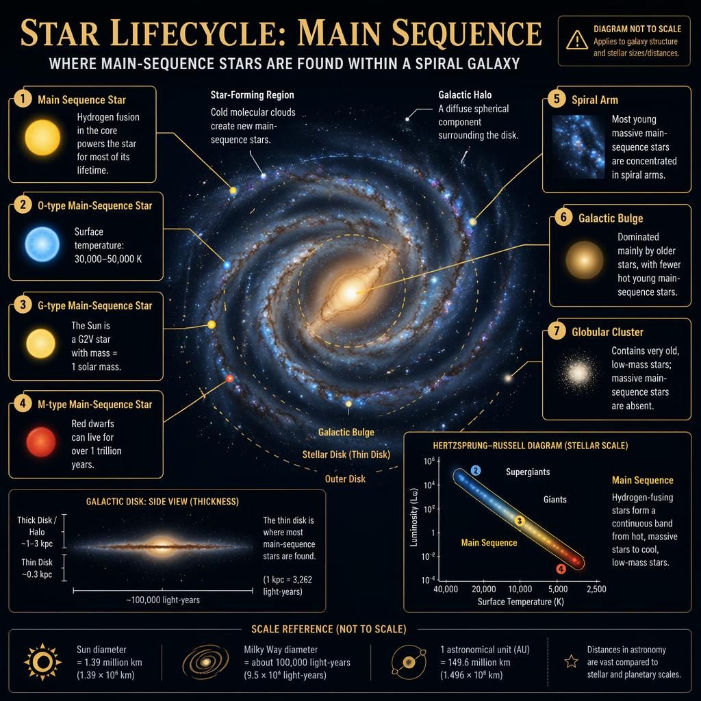Astronomy infographic of a spiral galaxy anatomy with main-sequence star labels, HR mini-panel, scale strip, and diagram not to scale note.