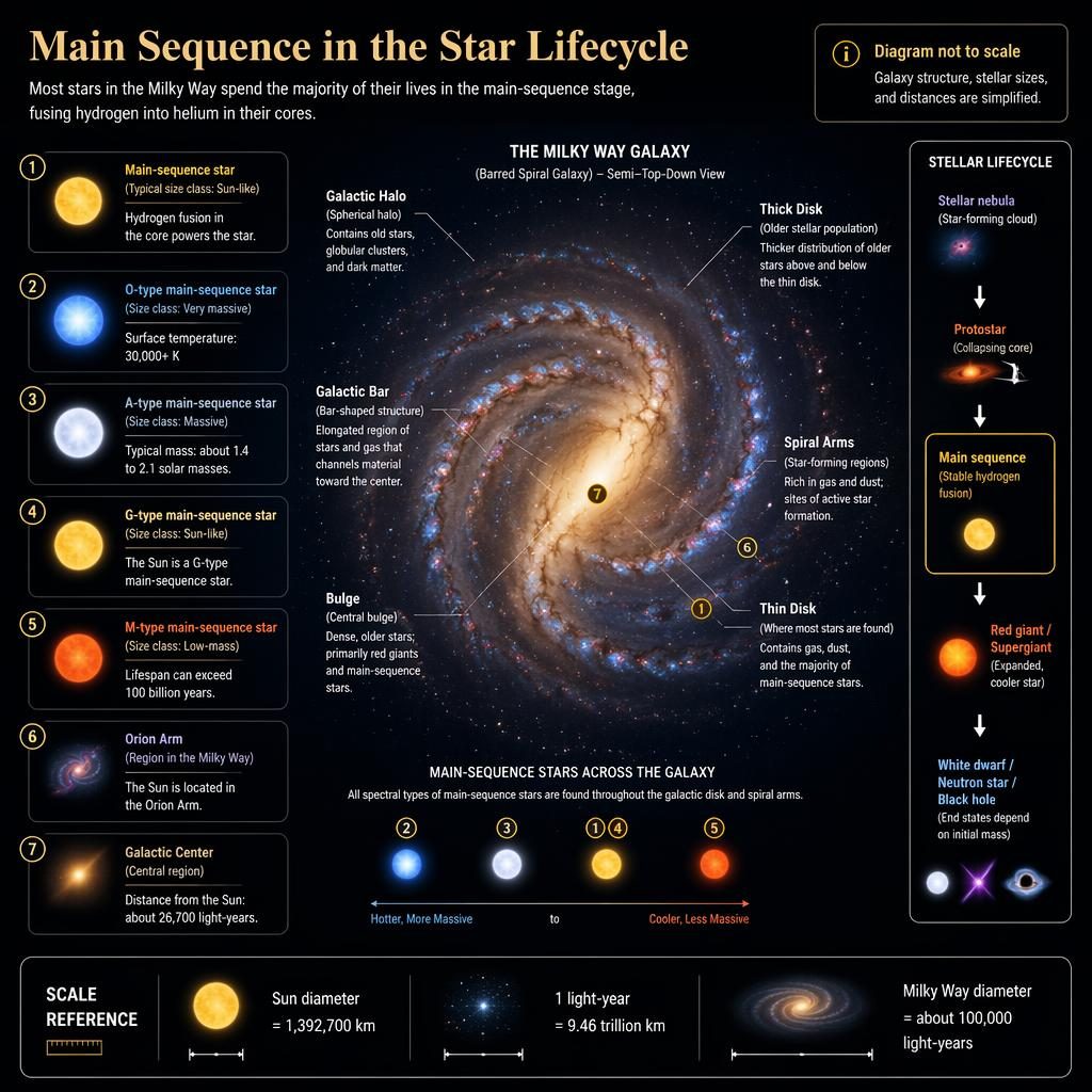 Infographie astronomique sombre montrant la Voie lactée annotée, la séquence principale et 7 encadrés scientifiques en anglais.