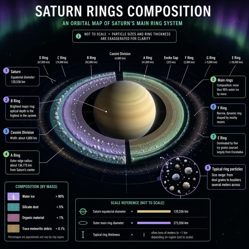 Astronomy infographic of Saturn and labeled rings with composition legend, orbital cutaway diagram, callouts, and scale notes.
