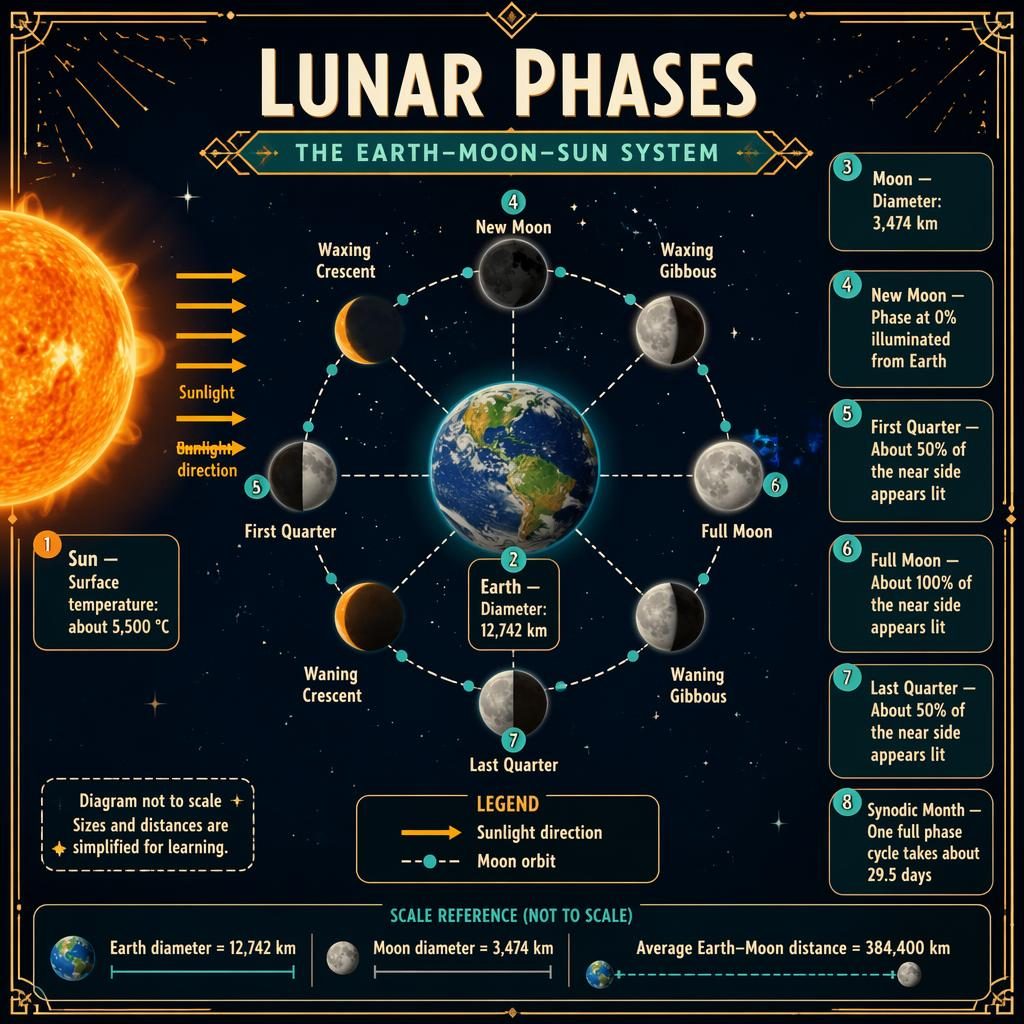 Kids lunar phases infographic with Sun, Earth centered, 8 Moon positions, labels, arrows, legend, and not-to-scale note.