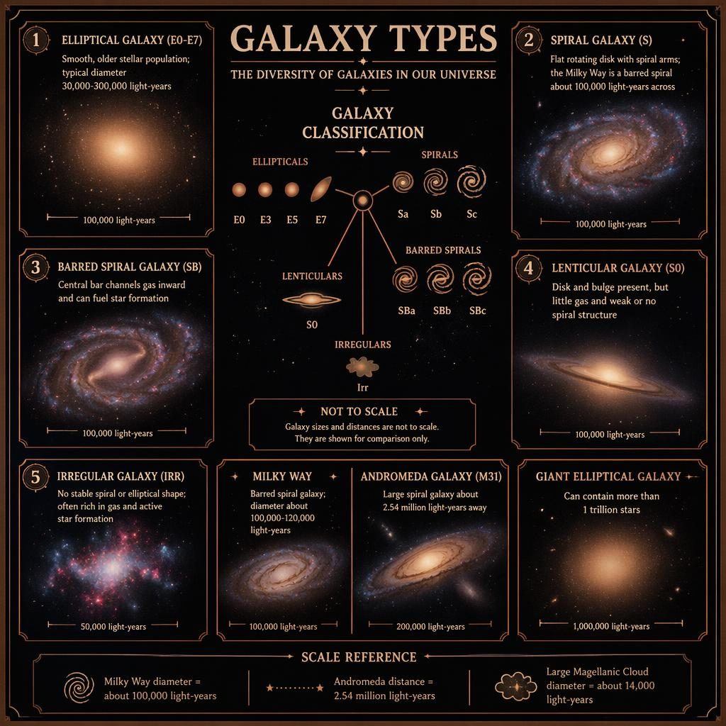 Vintage astronomy infographic with five galaxy type comparison cards, central diagram, labels, and scale notes in warm cosmic tones.