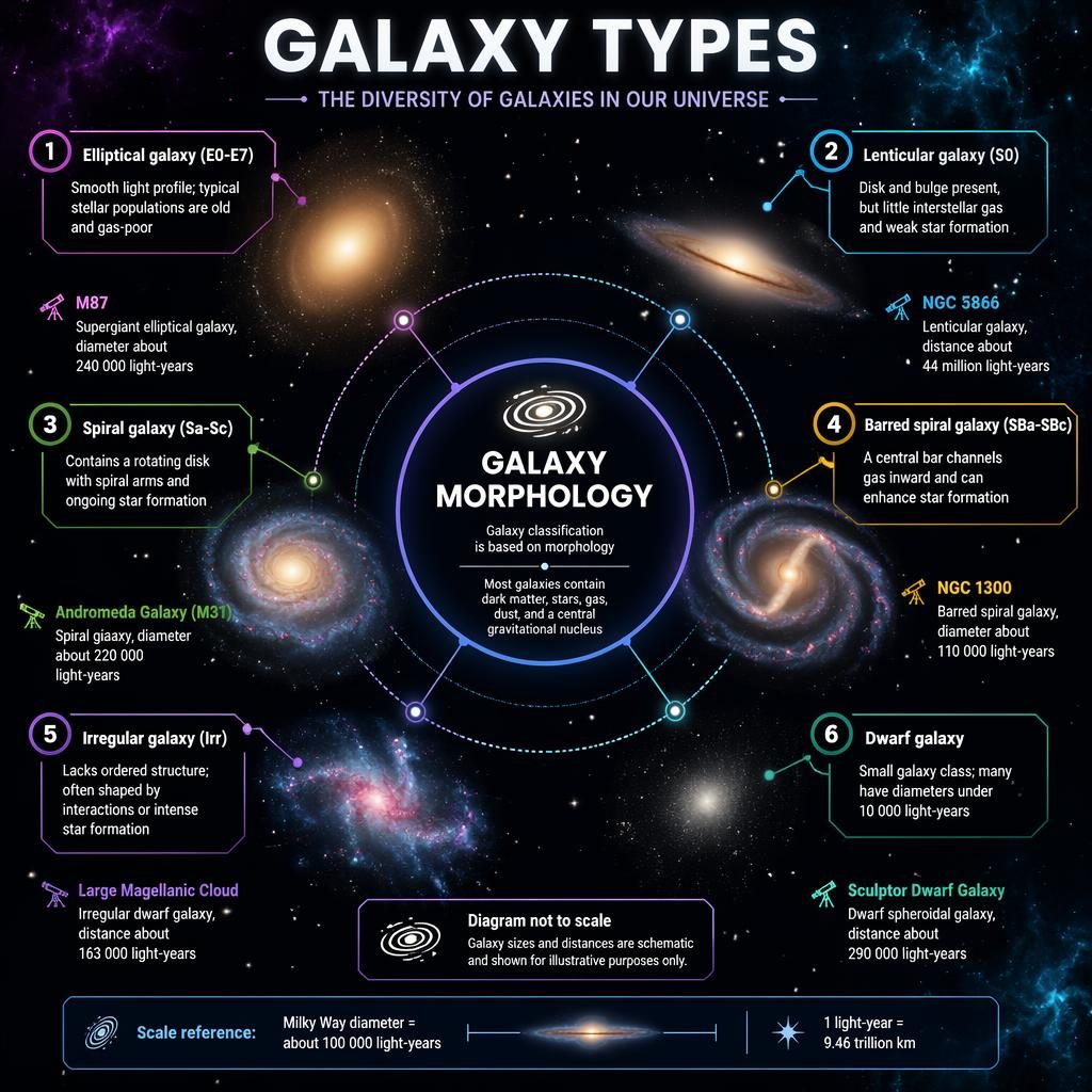 Infografía cósmica titulada Galaxy Types con diagrama orbital, 6 tipos de galaxias, etiquetas científicas y escala.