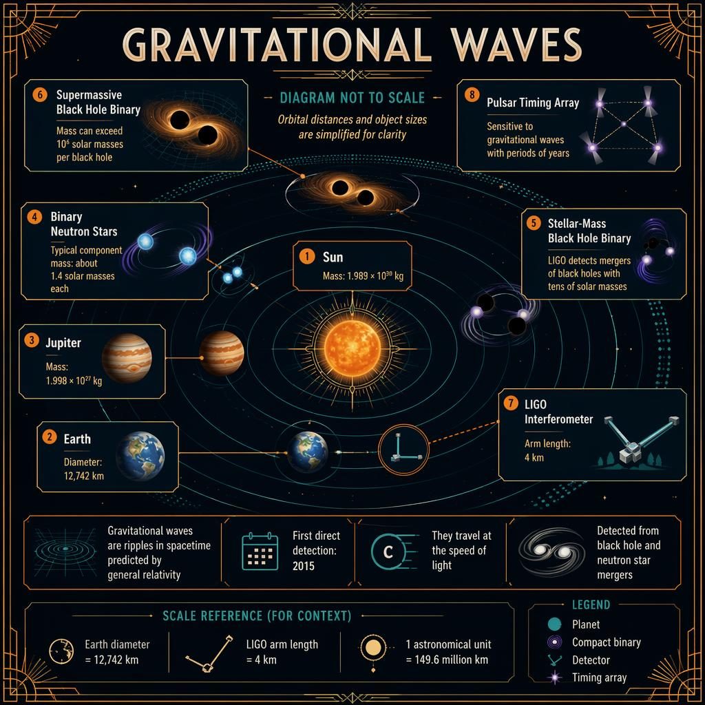 Art-deco astronomy infographic of gravitational waves in a solar-system layout with Sun, Earth, Jupiter, binaries, LIGO, and PTA.