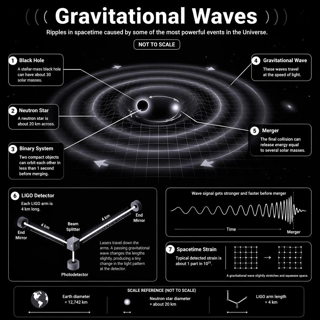 Black-and-white astronomy infographic of gravitational waves with inspiraling compact objects, LIGO icon, waveform inset.