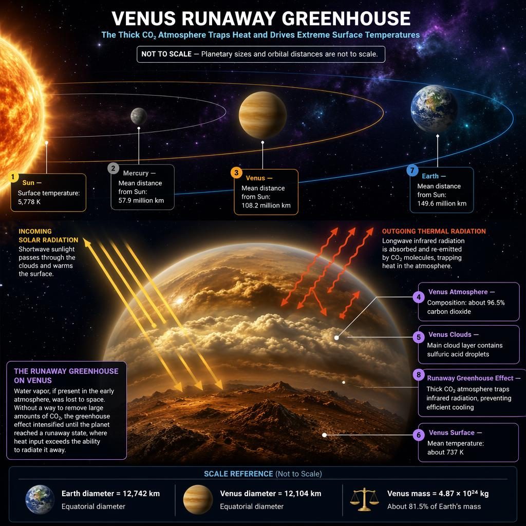 Astronomy infographic of inner Solar System orbits highlighting Venus, heat trapping, cloud layers, callouts, and not-to-scale labels.