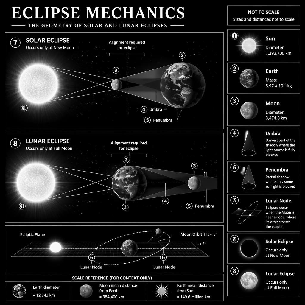Black-and-white astronomy infographic showing solar and lunar eclipse geometry, Sun, Earth, Moon, umbra, penumbra, and nodes.