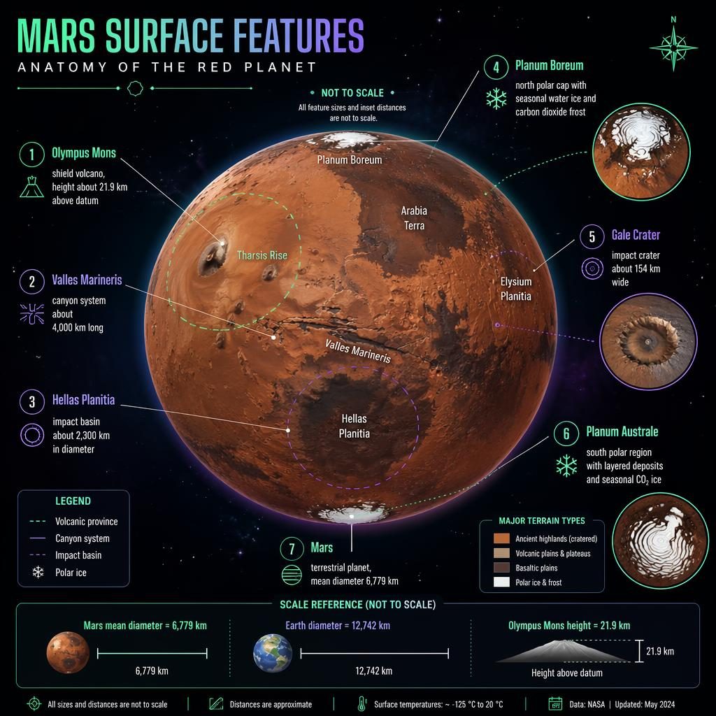 NASA-style Mars surface features infographic with labeled globe, inset zooms, polar caps, volcanoes, canyon system, basins, and scale strip.