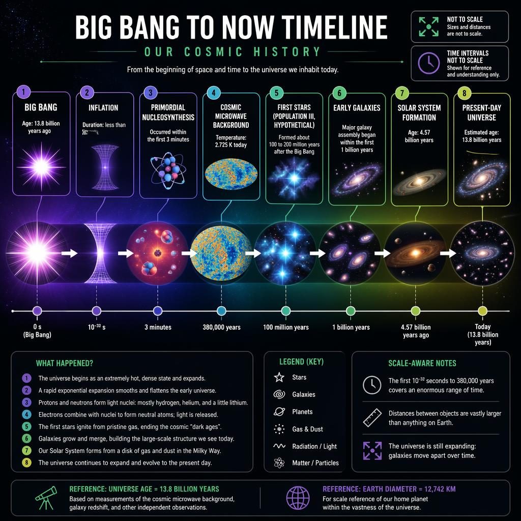 Astronomy infographic timeline of cosmic history from Big Bang to today with 8 labeled stages, arrows, callouts, and scale notes.