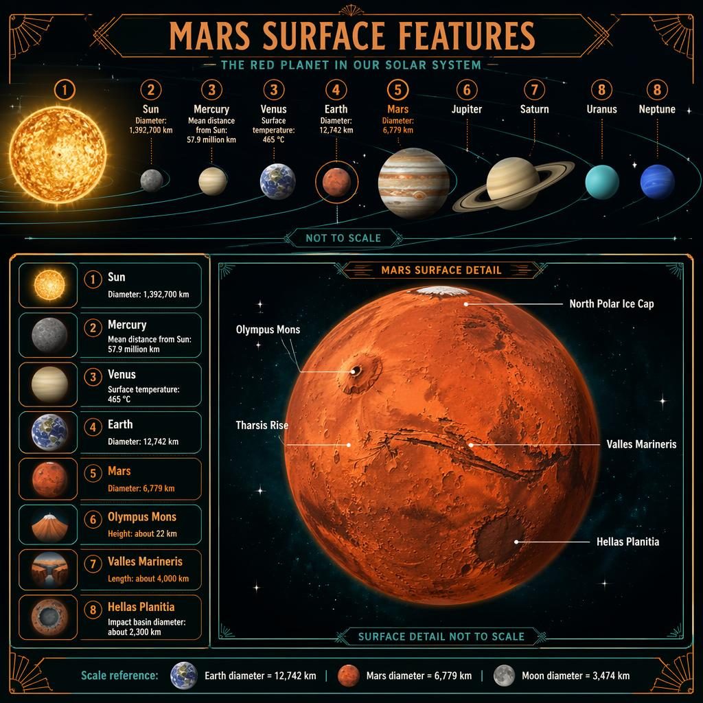 Astronomy infographic of the Solar System with Mars enlarged, labeled surface features, 8 fact callouts, and not-to-scale notes.