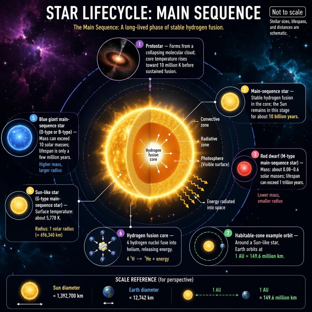 Astronomy infographic of a main-sequence star with orbital rings, 7 labeled callouts, not-to-scale note, and scale strip.