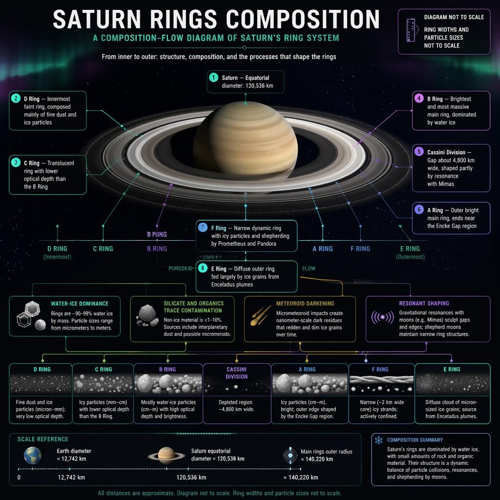 Astronomy infographic of Saturn’s rings with labeled ring zones, composition callouts, process nodes, and scale notes.