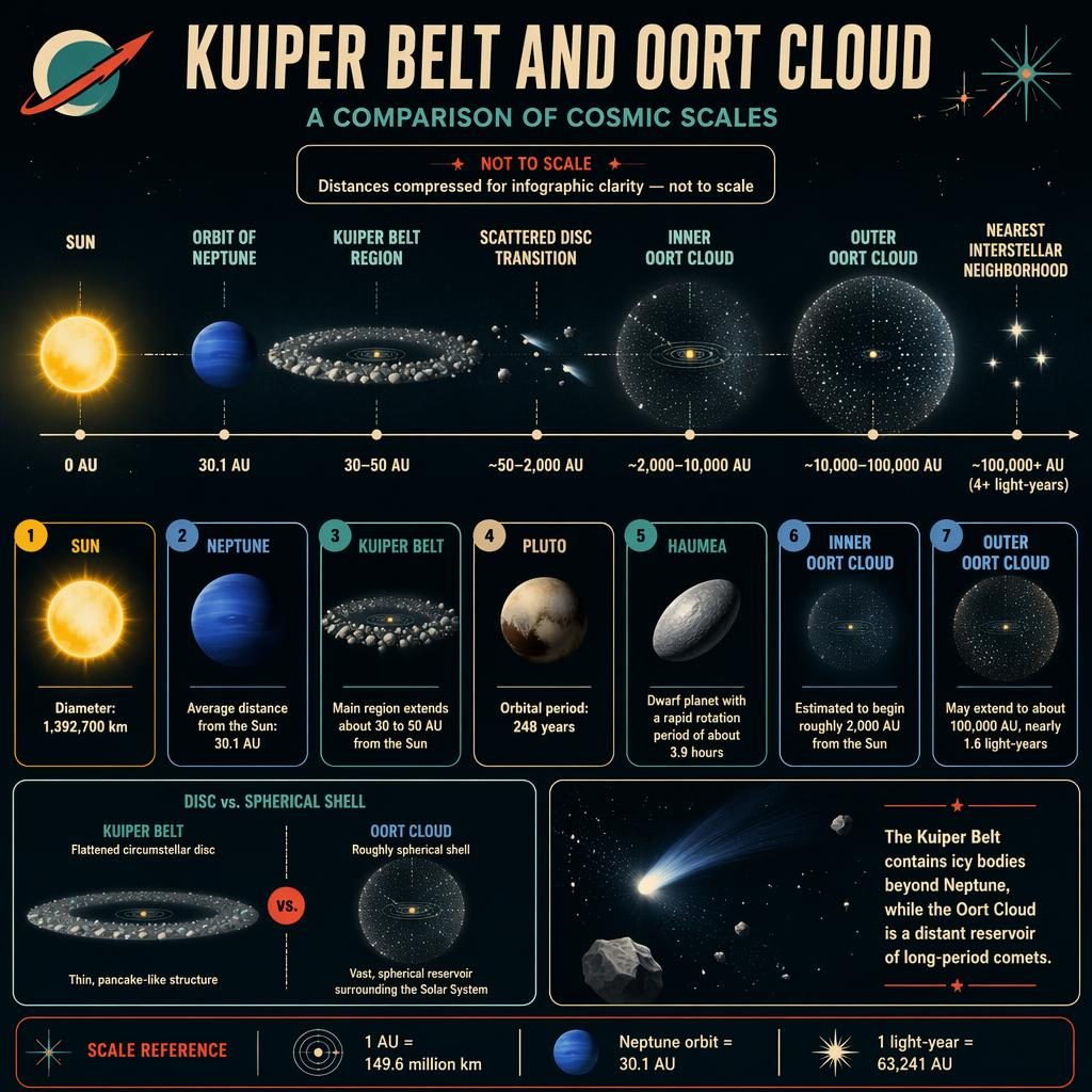 Retro space-age infographic comparing the Sun, Neptune, Kuiper Belt, Pluto, Haumea, and the inner and outer Oort Cloud.