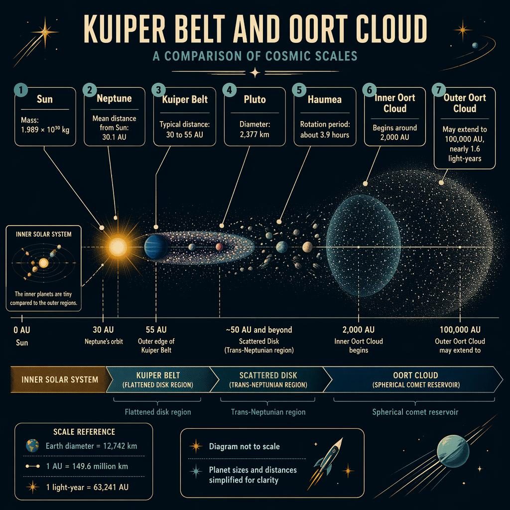 Retro astronomy infographic comparing the Sun, Neptune, Kuiper Belt, scattered disk, and Oort Cloud with labeled distances.