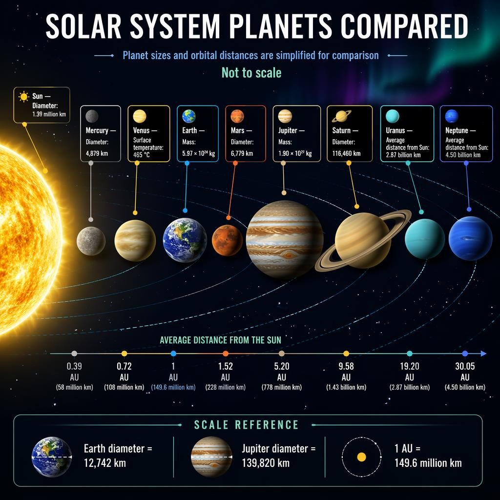 NASA-style solar system infographic with Sun and 8 planets in order, labeled facts, scale reference, and not-to-scale note