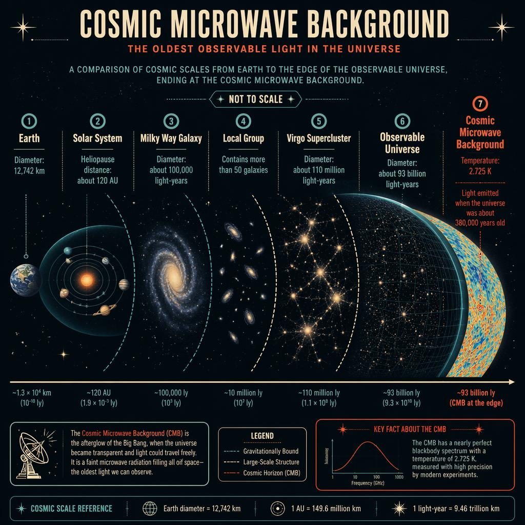 Retro space infographic comparing Earth to the observable universe with Cosmic Microwave Background map, labels, and scale strip.