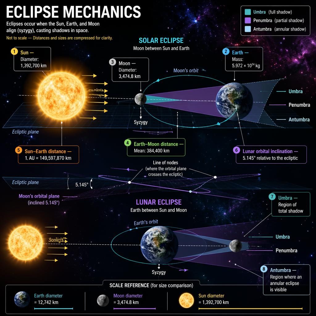 Astronomy infographic of Sun, Earth, Moon, eclipse geometry, orbital planes, shadows, arrows, and labeled facts on dark space.