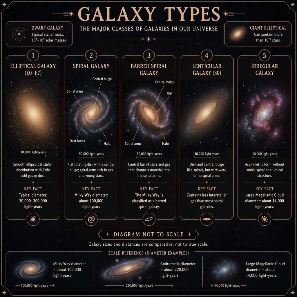 Infographie astronomique vintage sur fond sombre avec 5 cartes comparant les types de galaxies et annotations scientifiques.