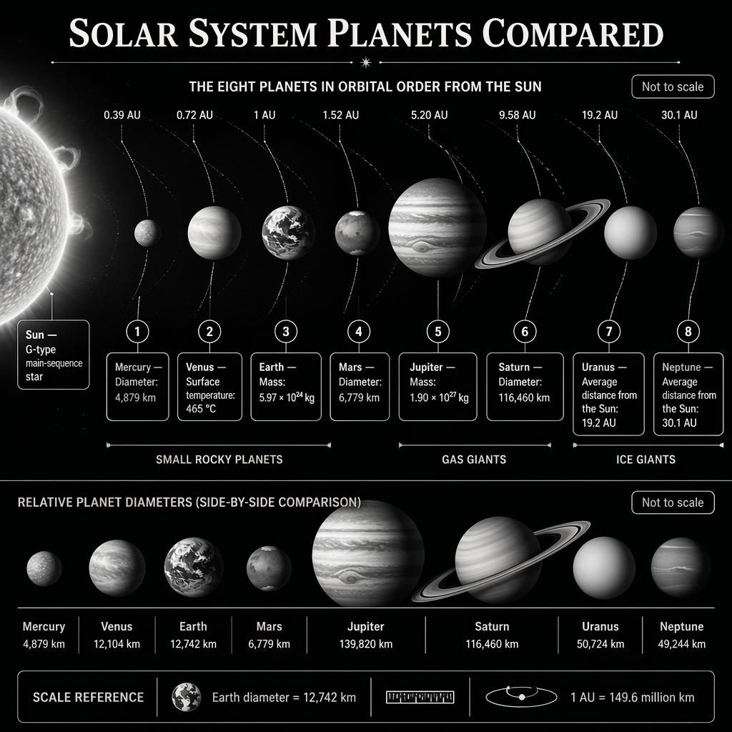 Black-and-white solar system infographic with Sun, 8 planets, orbit order, size comparison row, labels, facts, and not to scale notes.