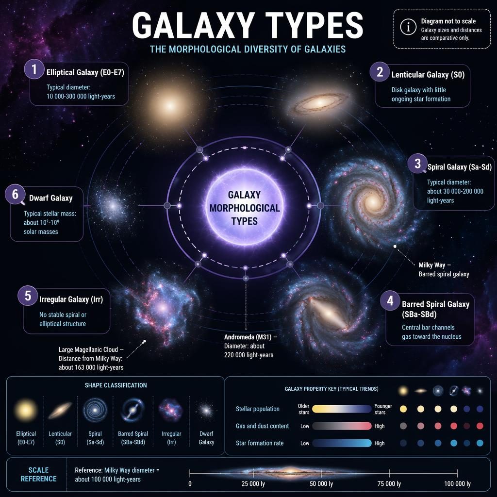 Photorealistic galaxy types orbital infographic with labeled galaxy classes, facts, legend, and dark cosmic layout.